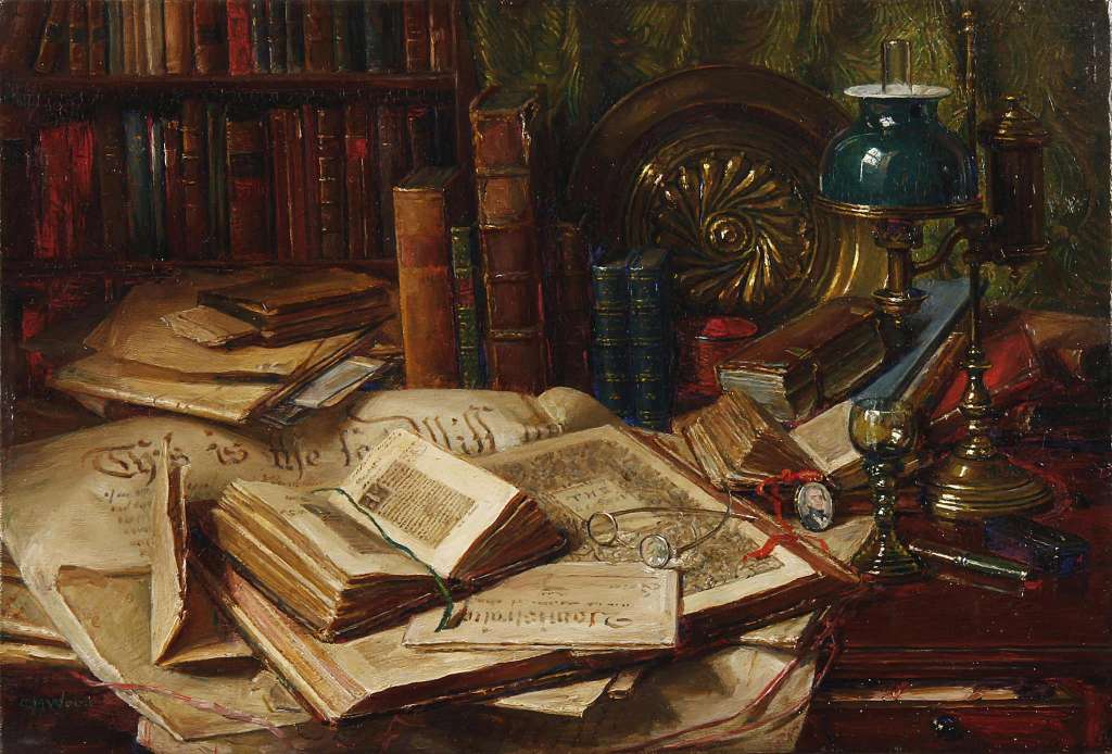 Catherine M Wood, Old books, oil on panel