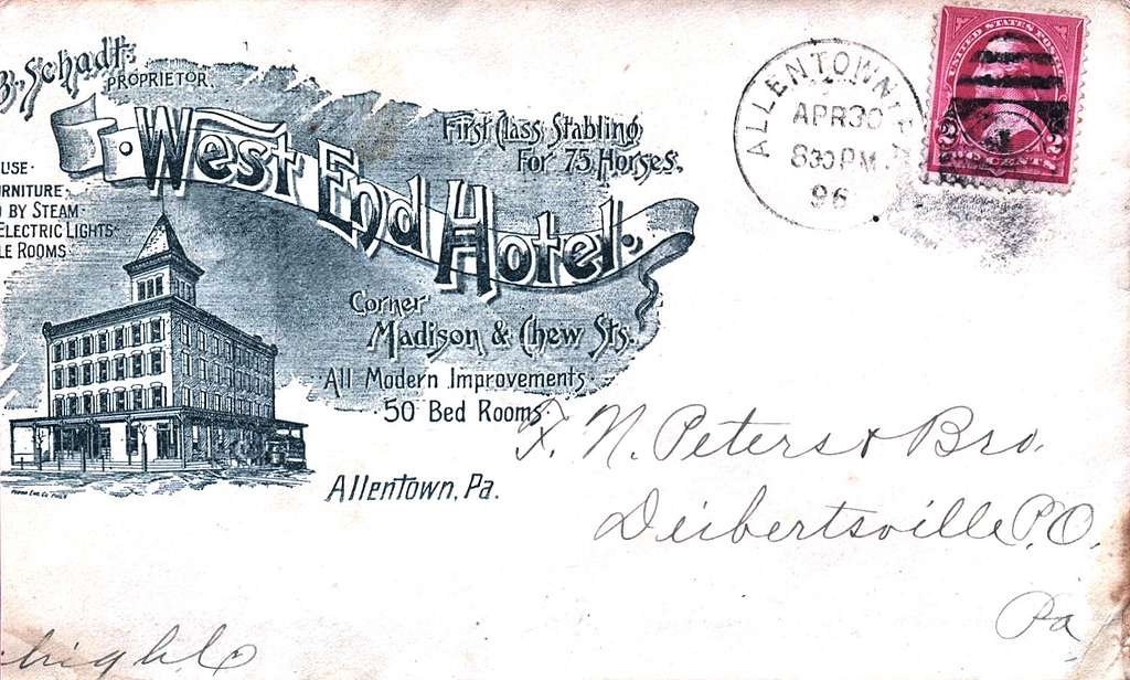 West End Hotel - Stationary Envelope - Allentown PA - 1896